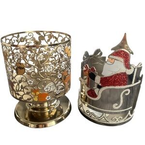 Bath & Body Works Gold Filigree Candle Holder with Red Glitter Santa Accent